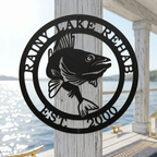 Personalized fish metal sign mounted on marina dock post with nautical and fishing inspired décor
