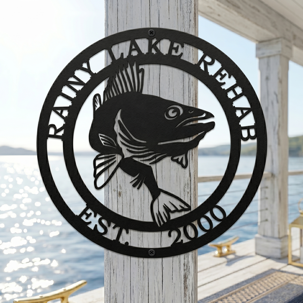 Personalized fish metal sign mounted on marina dock post with nautical and fishing inspired décor