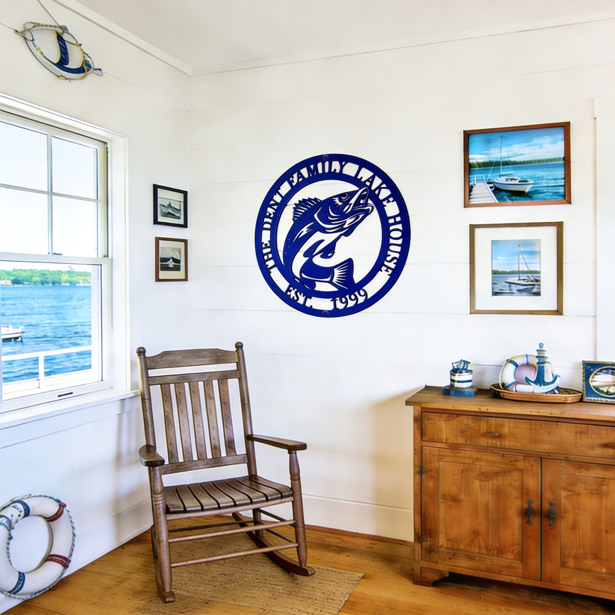 Blue custom lake house fish metal wall art in nautical room with lake view and wood decor