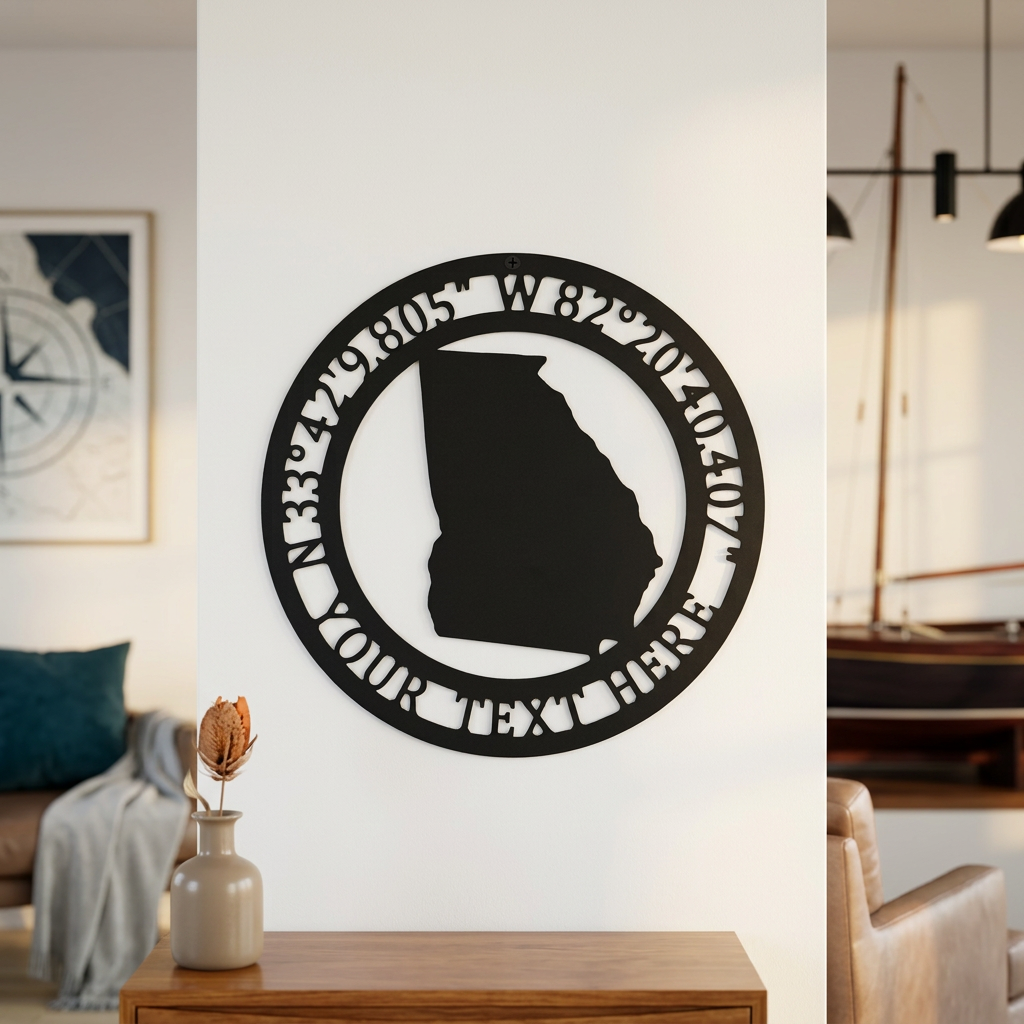 A matte black round metal sign with a Georgia state cutout and GPS coordinates, mounted centrally on a white architectural column in a modern living room setting.