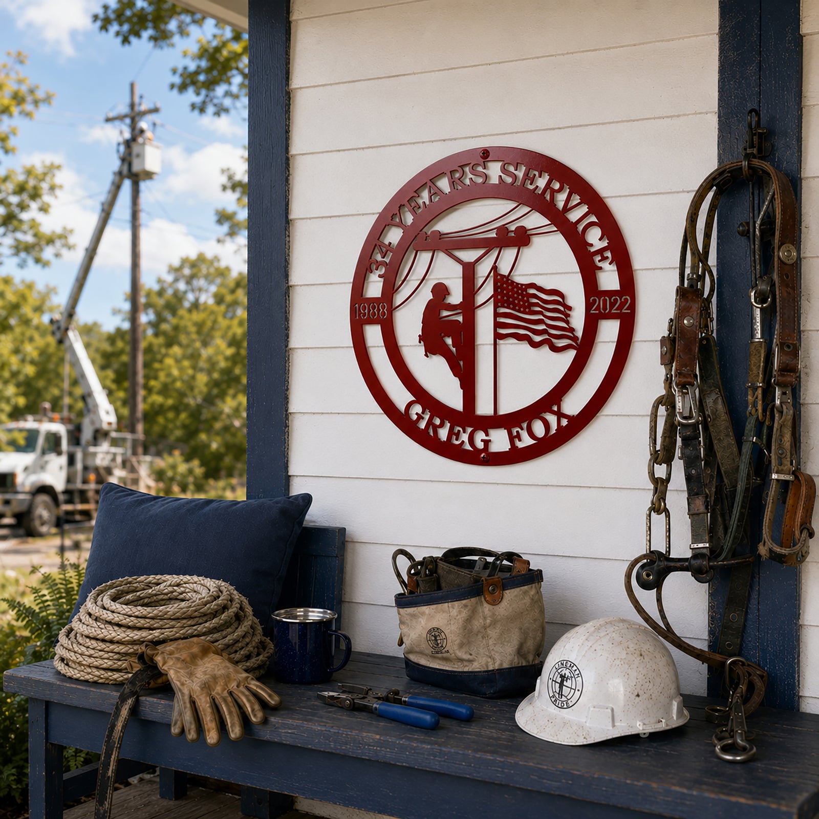 Red custom lineman service metal wall sign displayed on rustic porch with utility tools