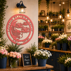 Custom Koi Fish and Lotus Flower Metal Wall Decor Sign in Coral Pink displayed on a flower shop wall above potted daisies and roses