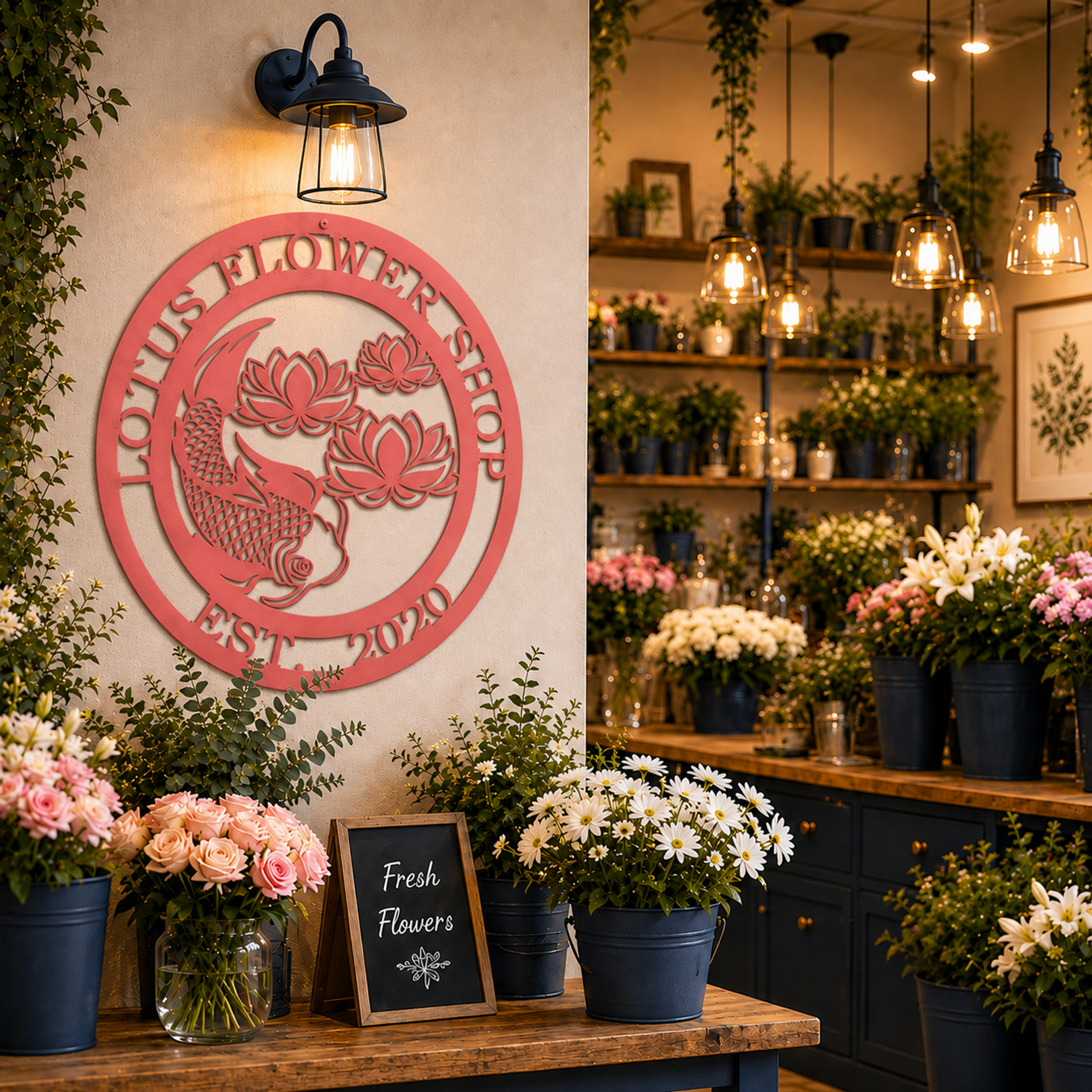 Custom Koi Fish and Lotus Flower Metal Wall Decor Sign in Coral Pink displayed on a flower shop wall above potted daisies and roses