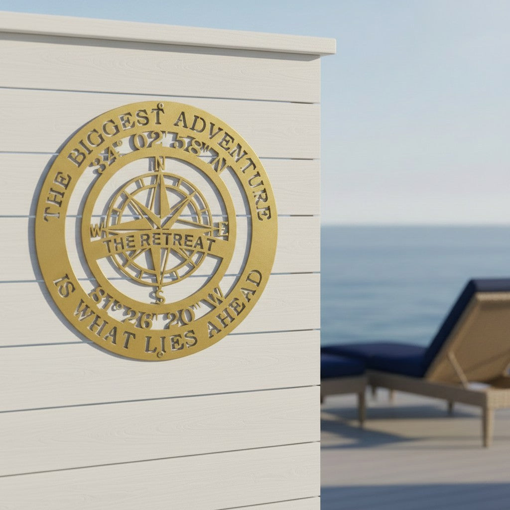 An elegant gold circular metal cut-out sign depicting an intricate compass rose is mounted on a clean white horizontal shiplap wall. The sign features custom text reading "THE RETREAT" and global coordinates. An outdoor seaside terrace with a blue deck chair is visible to the right.