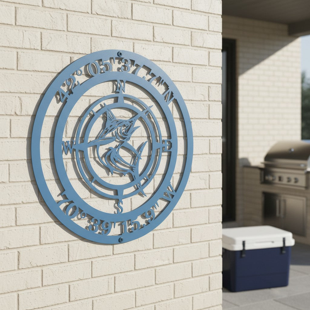 Custom Marlin Compass Metal Wall Sign with geographic coordinates in light blue mounted on a white brick patio wall next to a cooler