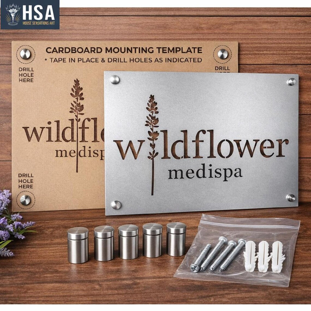 Custom metal "Wildflower Medispa" sign with mounting kit, decorative wall art on wooden surface, powder coated plaque for business branding