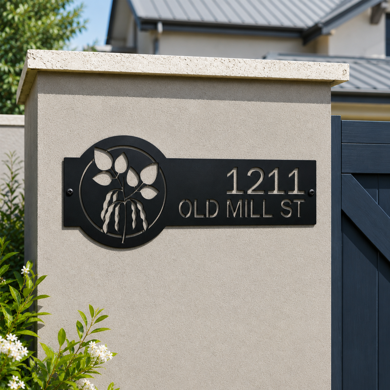 Minimalist black personalized address sign with botanical leaf pattern mounted on concrete fence pillar displaying 1211 Old Mill St