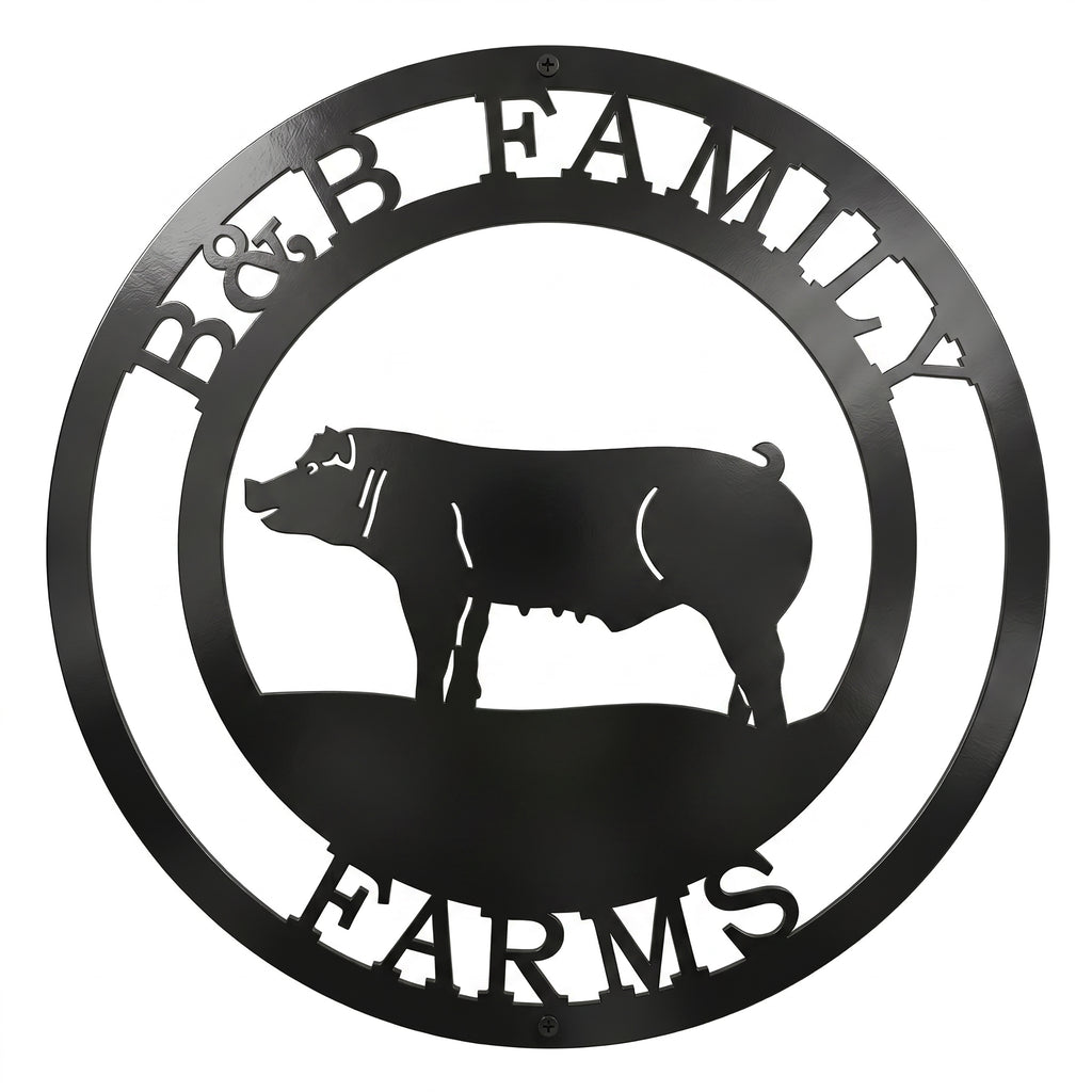 Custom round metal pig farm sign featuring the text B&B Family Farms laser-cut in black powder-coated steel with a hog silhouette in the center, isolated on a white background.