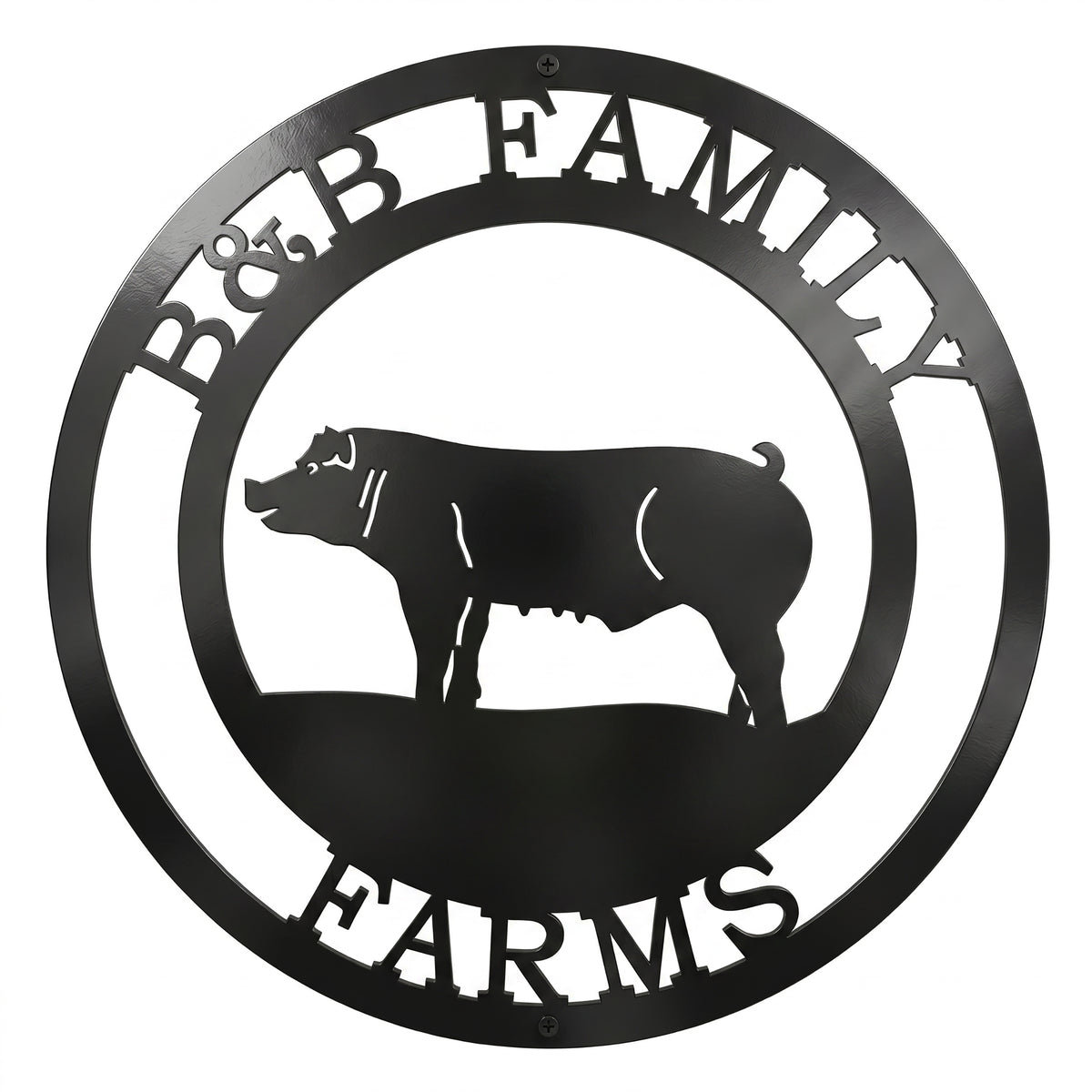 Custom round metal pig farm sign featuring the text B&B Family Farms laser-cut in black powder-coated steel with a hog silhouette in the center, isolated on a white background.