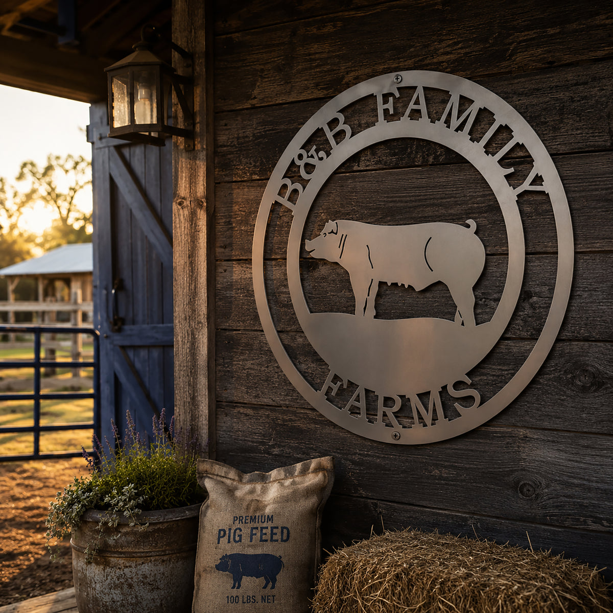 Silver laser-cut steel round farm monogram sign with a pig design displayed on a rustic dark wood wall outside an open barn gate during a warm sunset.