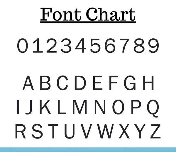 Font chart displaying uppercase alphabet letters and number styles for custom metal sign personalization and engraving selection guide