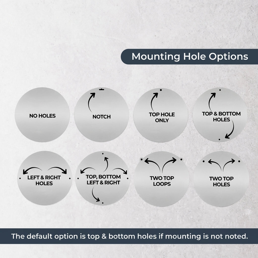 Diagram illustrating various mounting hole options with “HSA” branding at the top, clearly showing placement, sizing, and installation methods for metal signs and wall art.