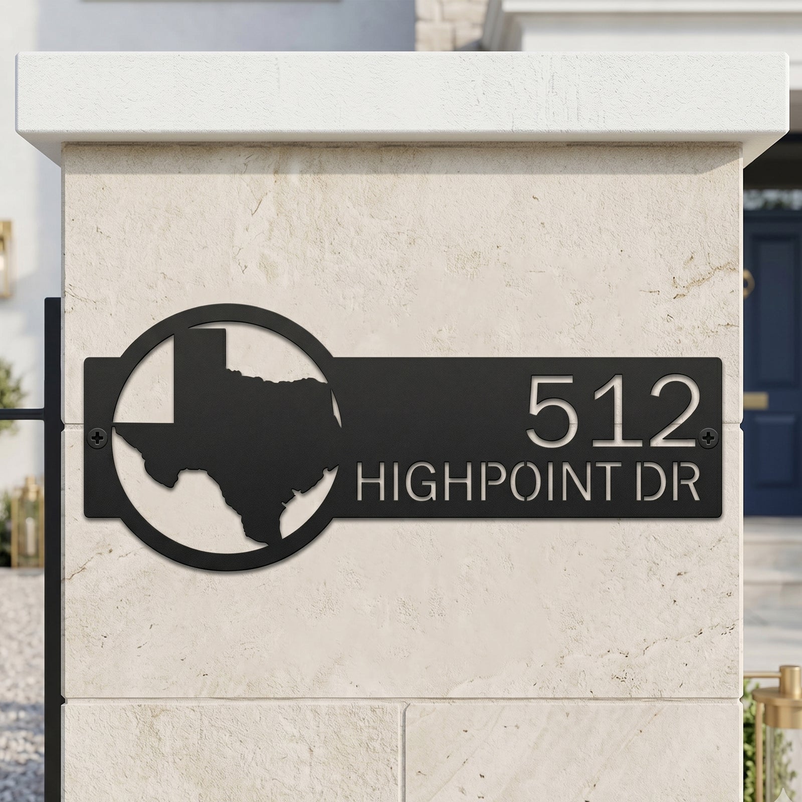Modern Texas state metal address sign with custom street number mounted on stone outdoor wall décor