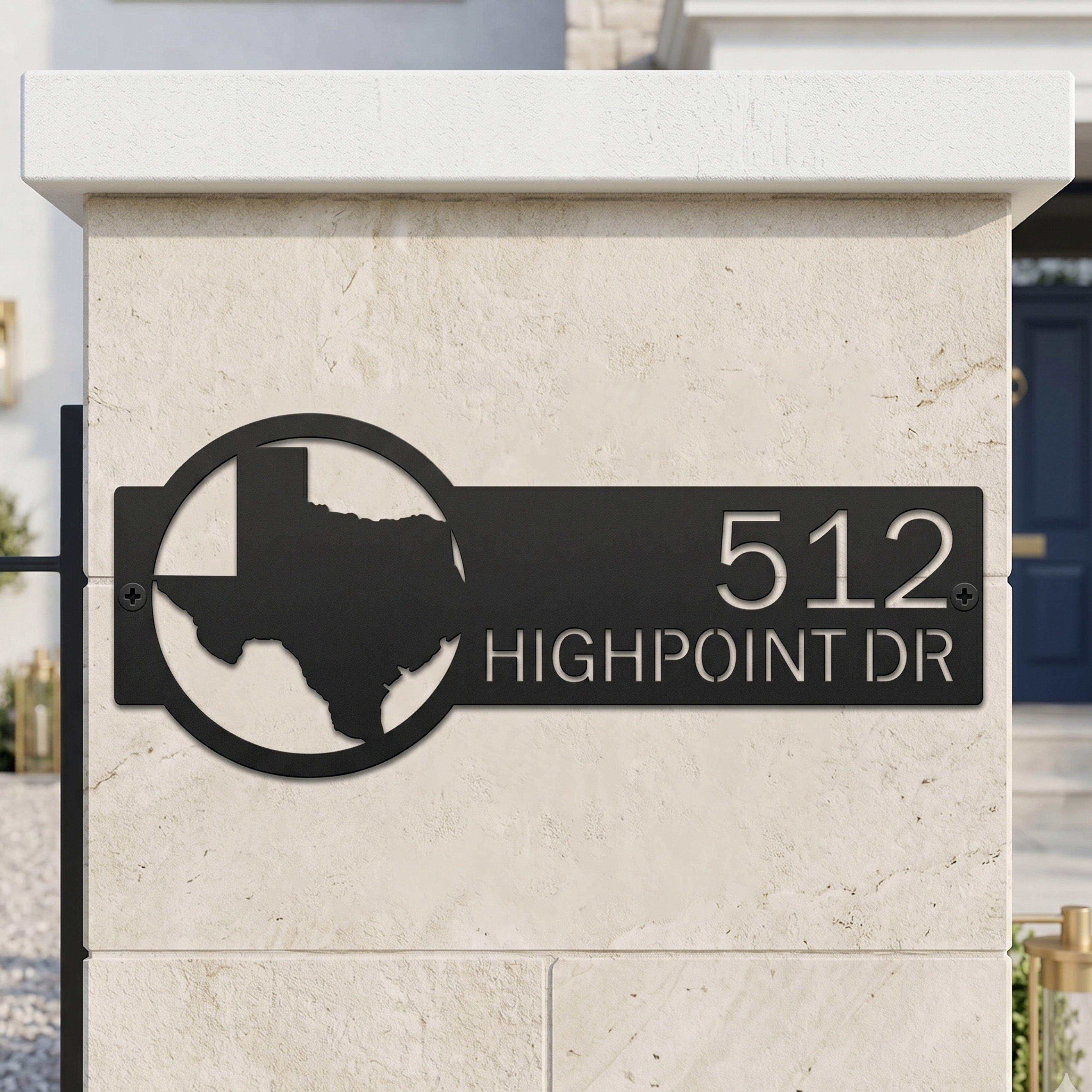 Modern Texas state metal address sign with custom street number mounted on stone outdoor wall décor