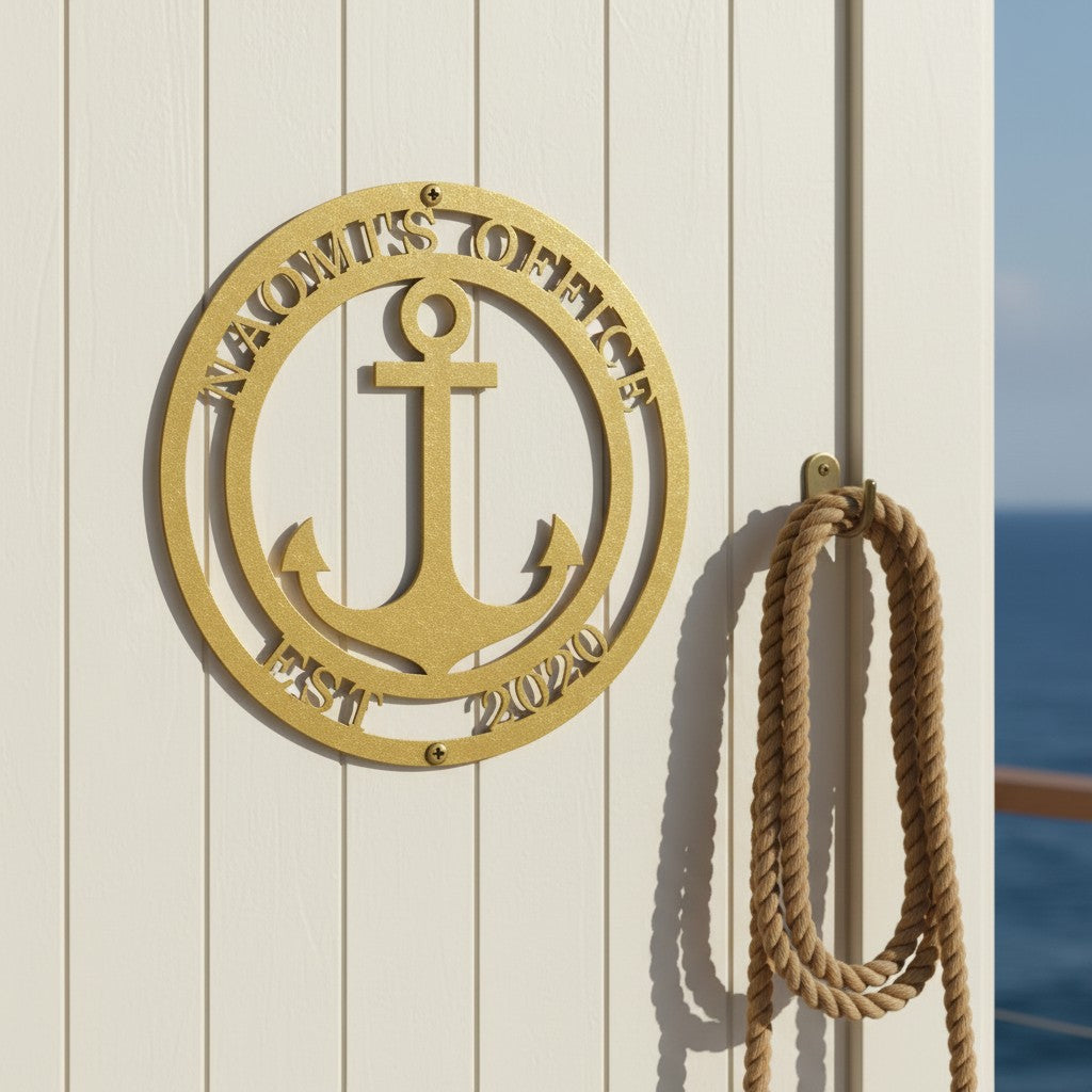 Premium metallic gold custom anchor metal sign featuring text Naomi's Office Est 2020 mounted on a white vertical shiplap wall next to a hanging rope.