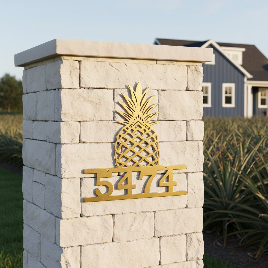 Gold pineapple metal house number sign with address 5474 displayed on a white stone gate pillar
