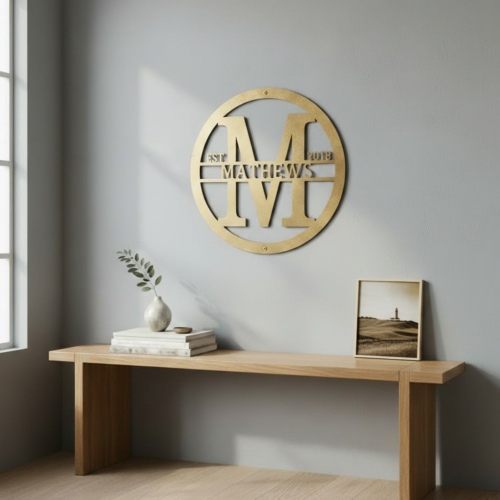 Custom Antique Gold metal monogram sign featuring the letter M, family name Matthews, and established year mounted above a modern console table.