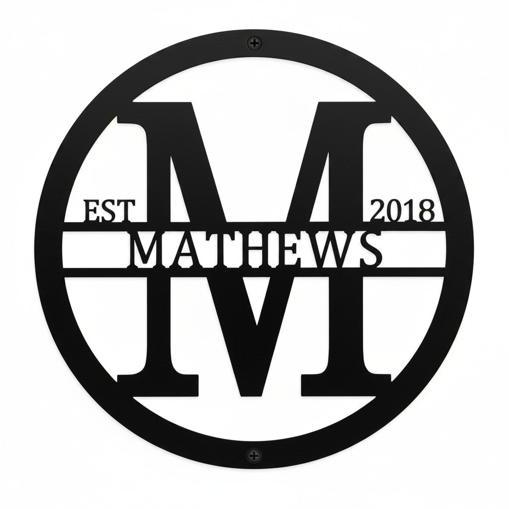 Custom black metal monogram sign featuring the letter M, family name Matthews, and established year 2018 on a white background.