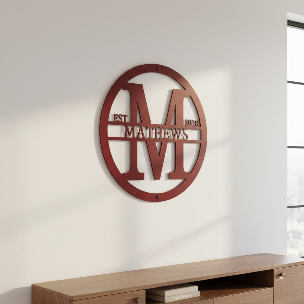 Custom Maroon metal monogram sign featuring the letter M, family name Matthews, and established year displayed in a contemporary living room.