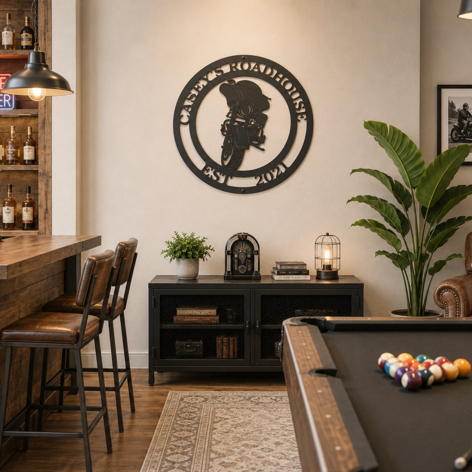 Personalized motorcycle metal wall sign displayed in modern game room beside pool table and bar area