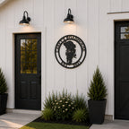 Personalized motorcycle metal wall sign with custom roadhouse name mounted on modern farmhouse exterior wall