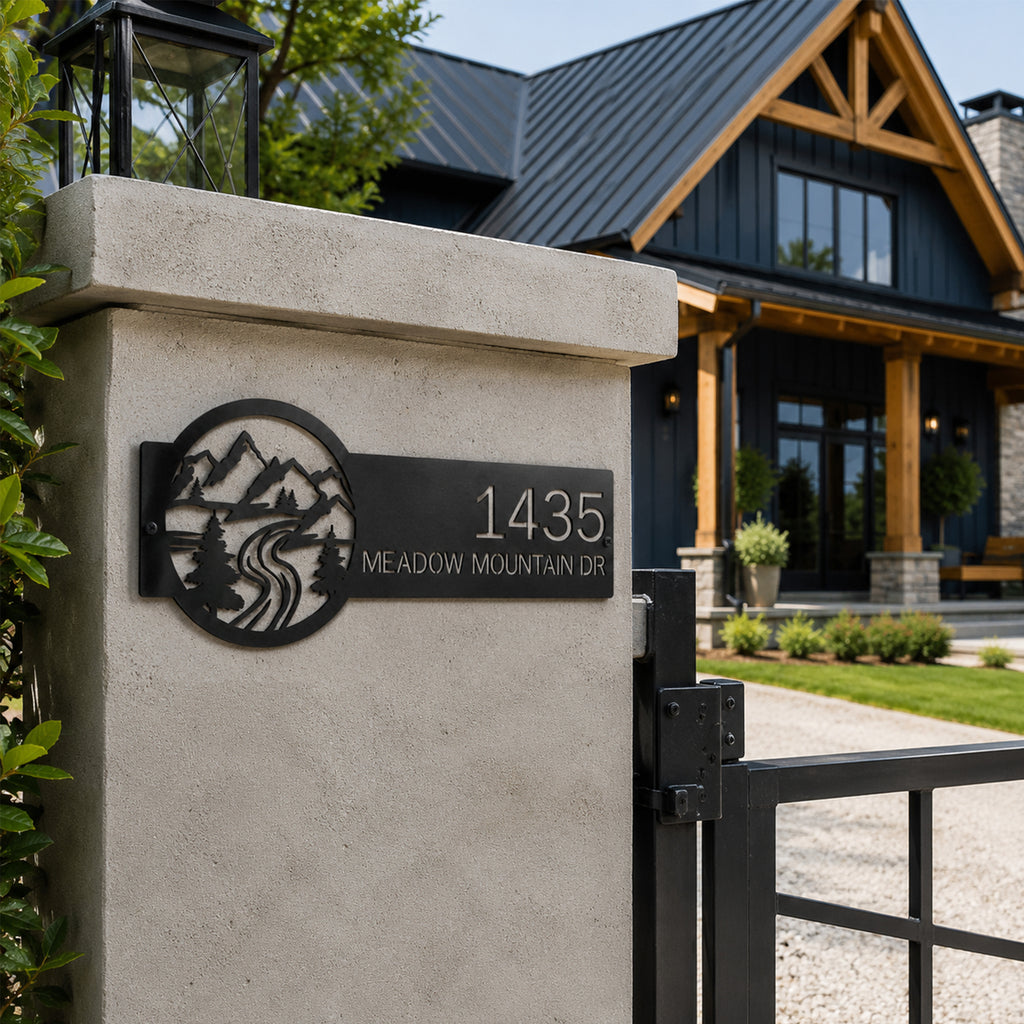 Black custom mountain address metal sign mounted on stone entry pillar featuring mountain landscape pine trees and personalized house number modern farmhouse decor