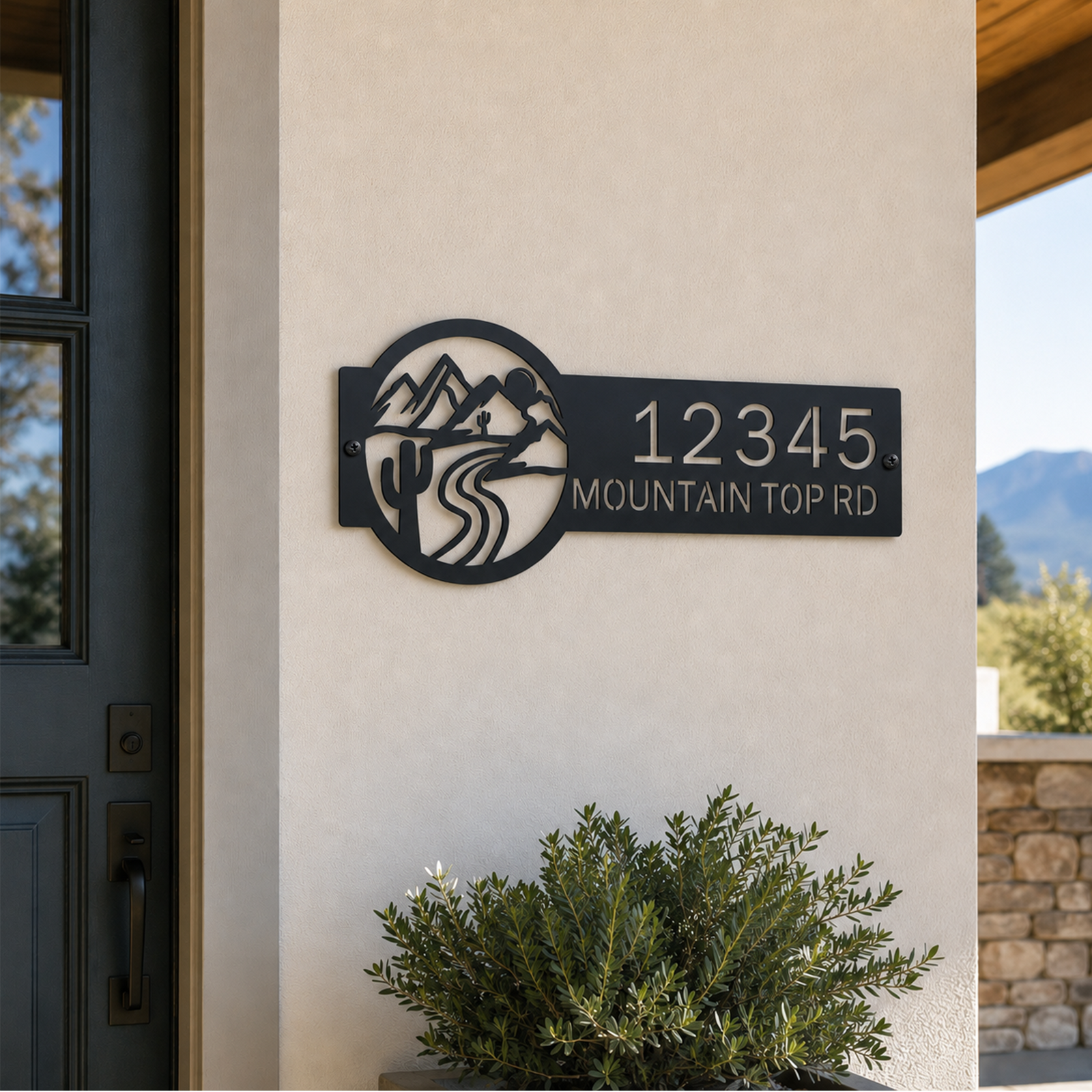 Black custom mountain landscape house number sign with cactus road and outdoor wall decor