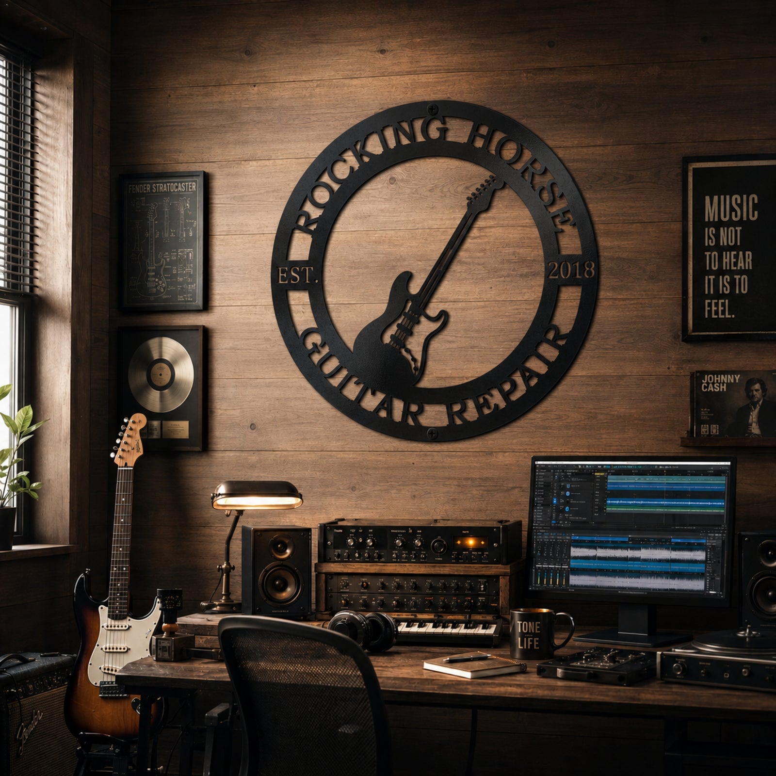 Large black guitar repair metal wall art displayed in professional music production studio with electric guitar and audio equipment