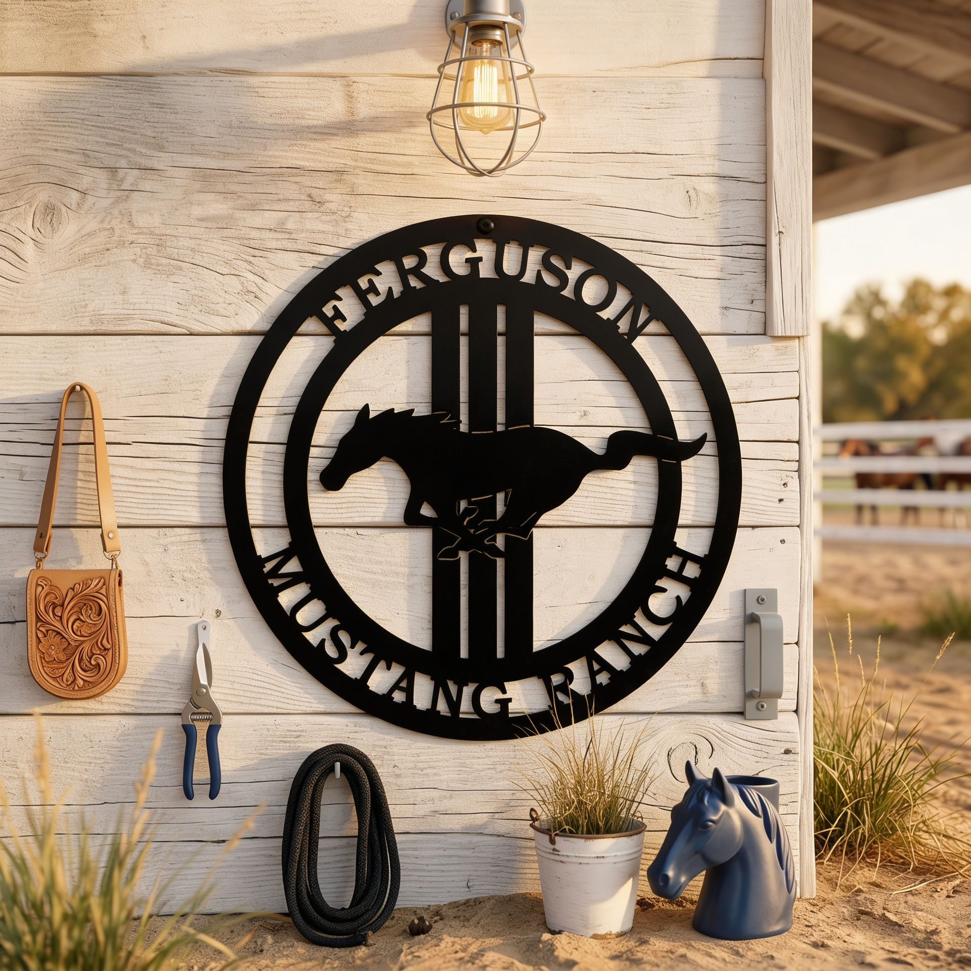 Black personalized Mustang Ranch metal sign displayed on white stable wall with saddle and tack accents