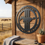 Charcoal gray custom Mustang Ranch metal sign with running horse design displayed on rustic wooden ranch wall