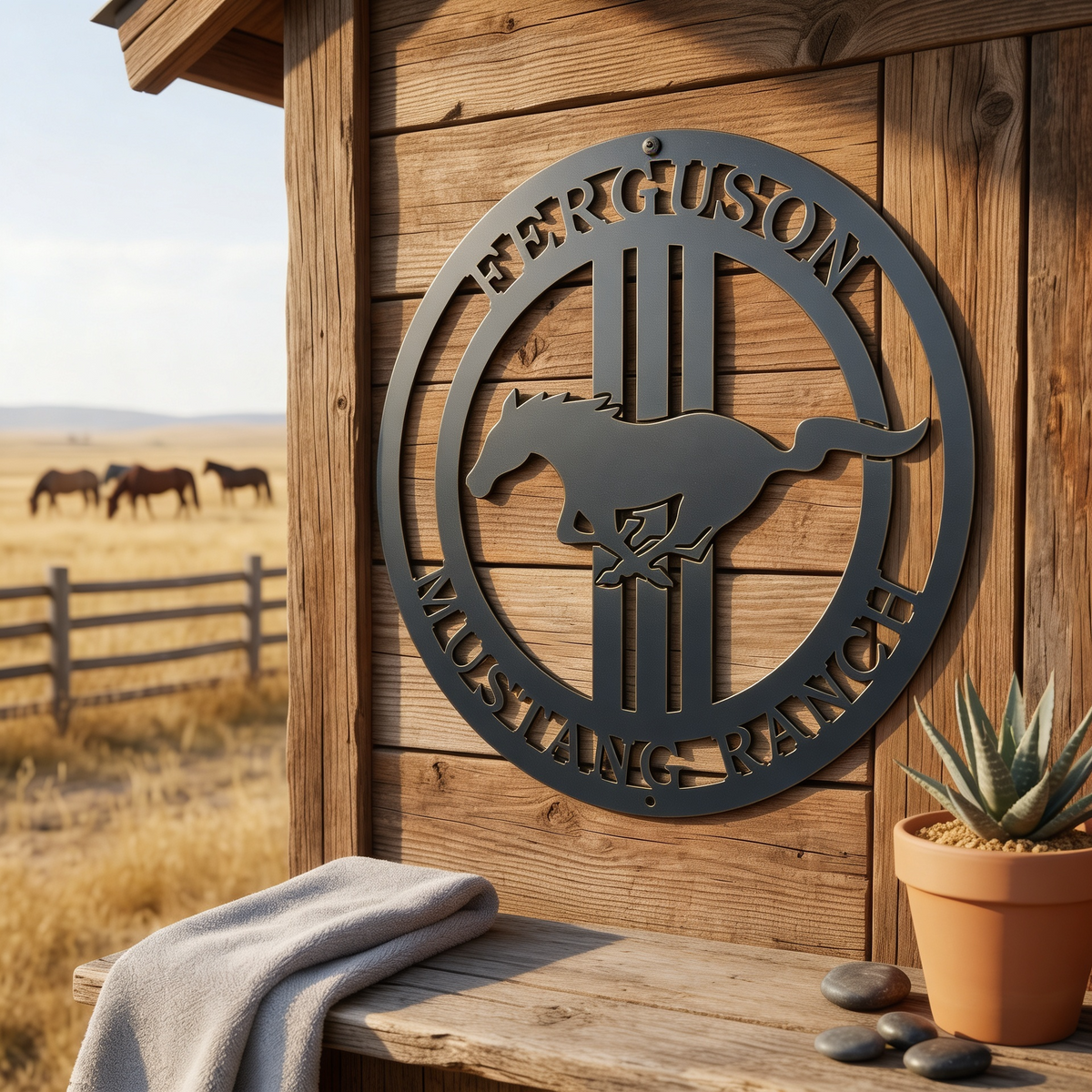 Charcoal gray custom Mustang Ranch metal sign with running horse design displayed on rustic wooden ranch wall