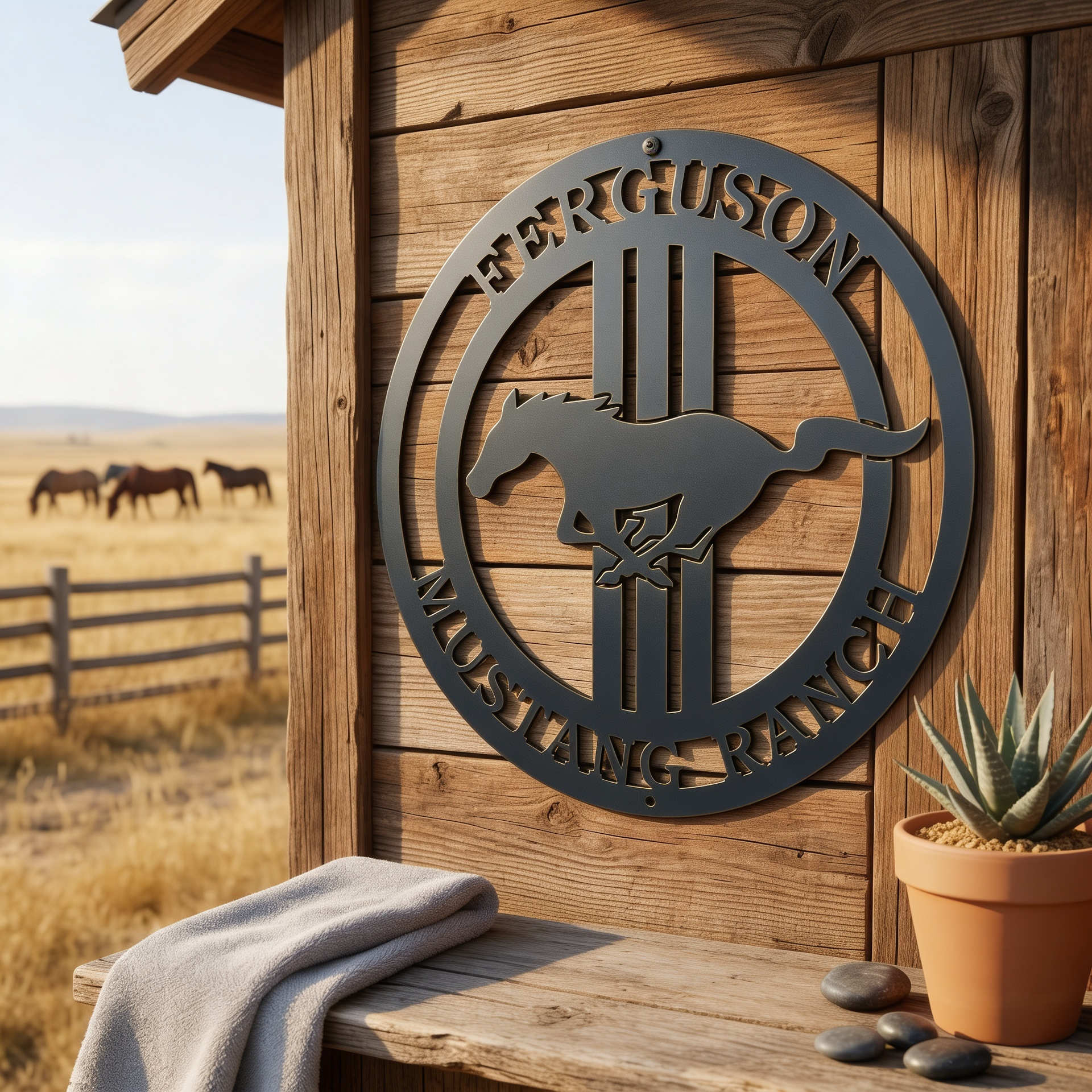 Charcoal gray custom Mustang Ranch metal sign with running horse design displayed on rustic wooden ranch wall