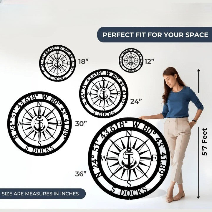 Size comparison chart for anchor GPS compass metal signs ranging from 12 inches to 36 inches in diameter.