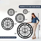 Size comparison chart for anchor GPS compass metal signs ranging from 12 inches to 36 inches in diameter.