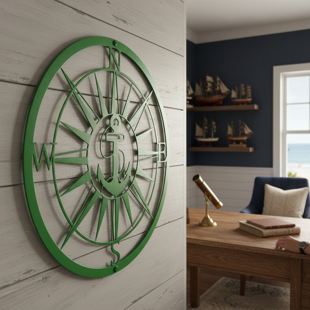 Vibrant green personalized nautical compass metal sign with a central anchor silhouette mounted on a white shiplap wall in a coastal home office setting.