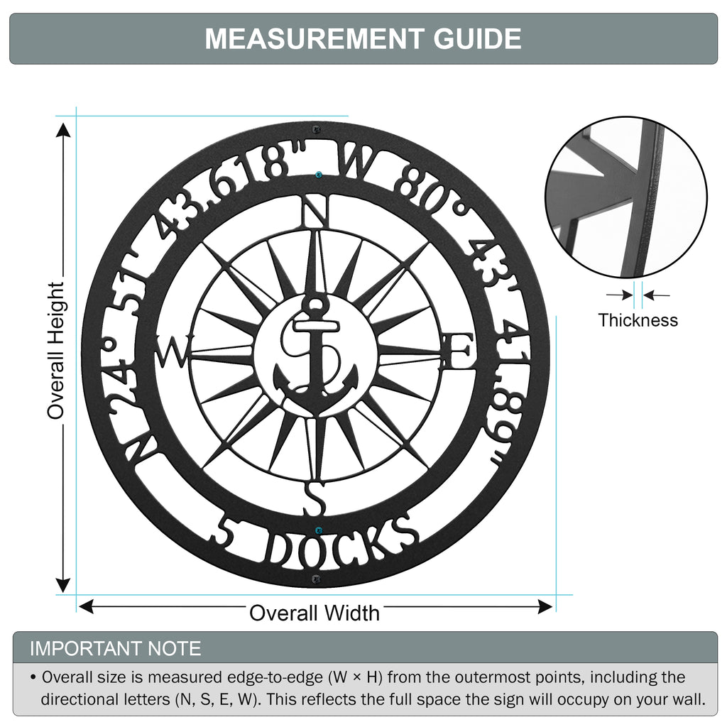 Measurement guide for personalized nautical compass metal wall sign showing overall width, height, and thickness details