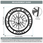 Measurement guide for personalized nautical compass metal wall sign showing overall width, height, and thickness details
