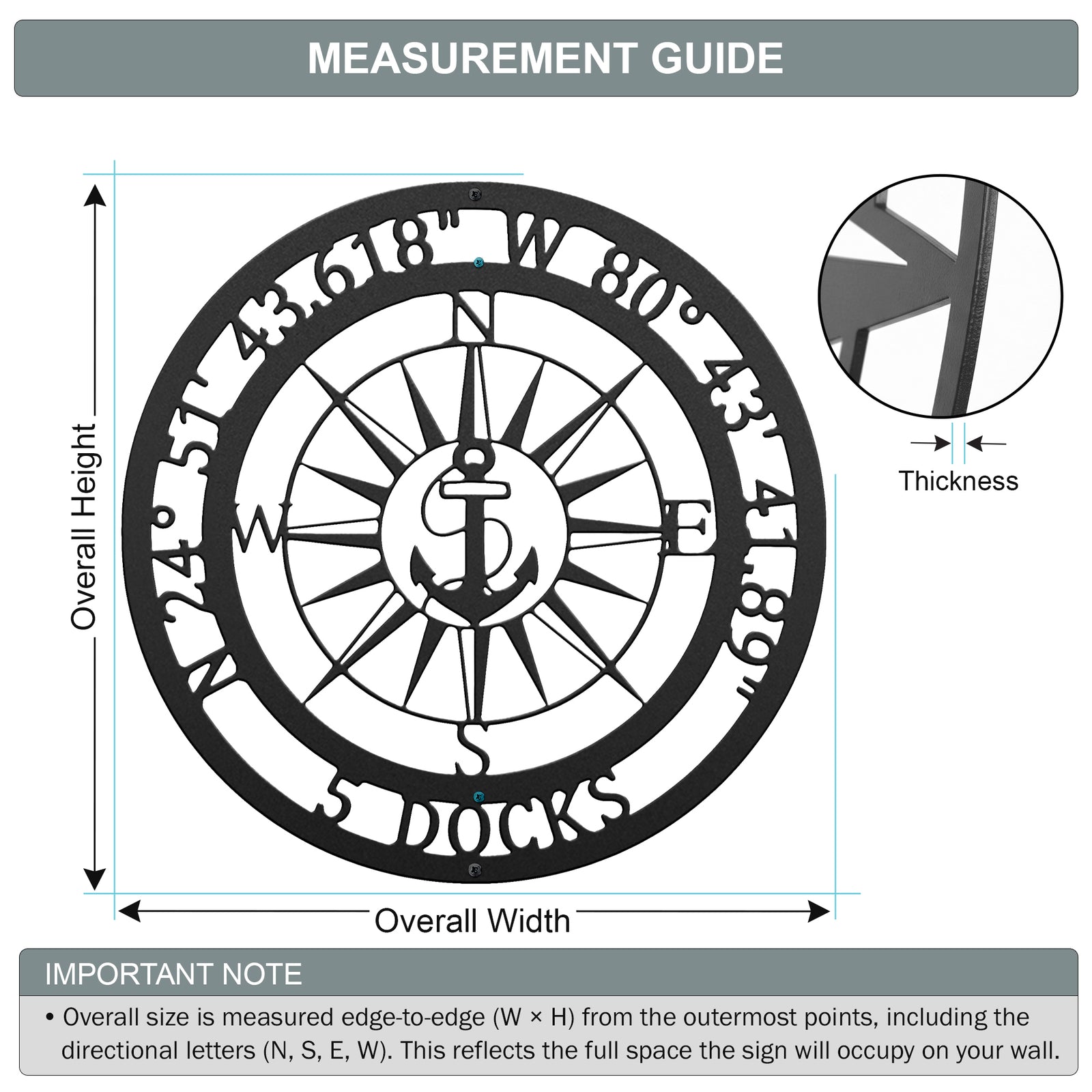 Measurement guide for personalized nautical compass metal wall sign showing overall width, height, and thickness details