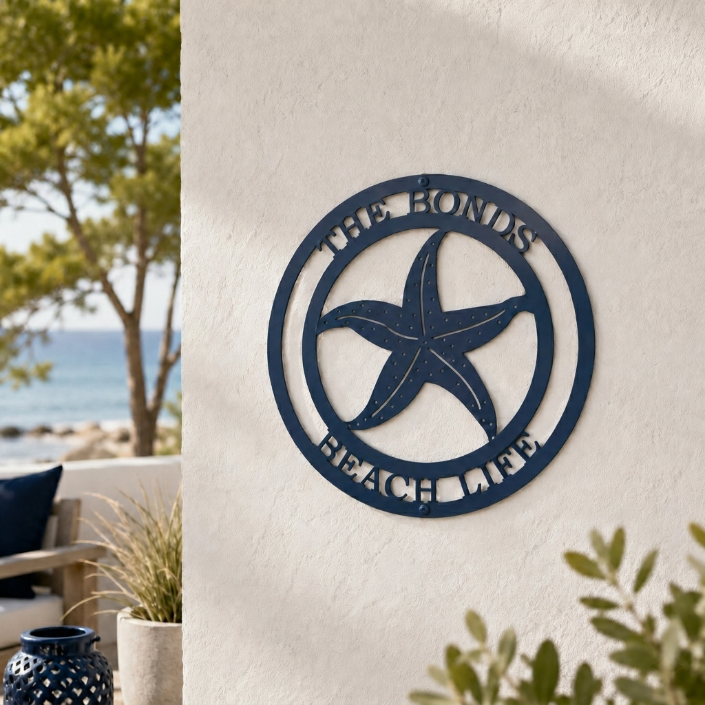 Dark navy blue custom metal starfish emblem mounted on a white exterior wall of a luxury seaside villa with a beach and ocean view background.