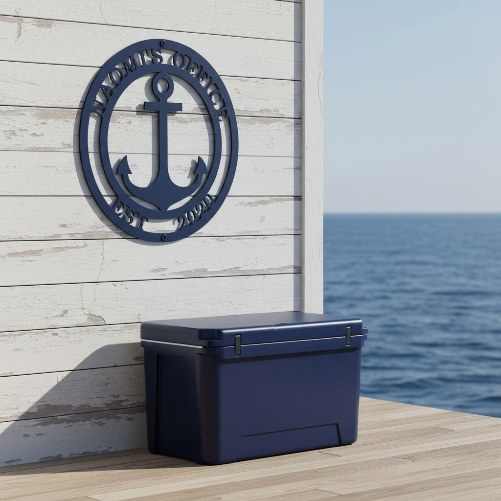 Dark blue custom metal anchor property sign mounted on a weathered white wooden exterior wall above a blue cooler box on a pier.