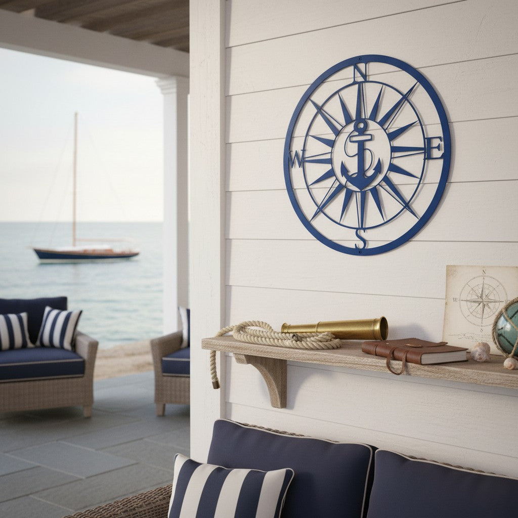 Sea blue personalized anchor compass rose metal sign mounted on a white wooden accent wall above a decorative shelf with nautical accessories and a beachside porch in the background.