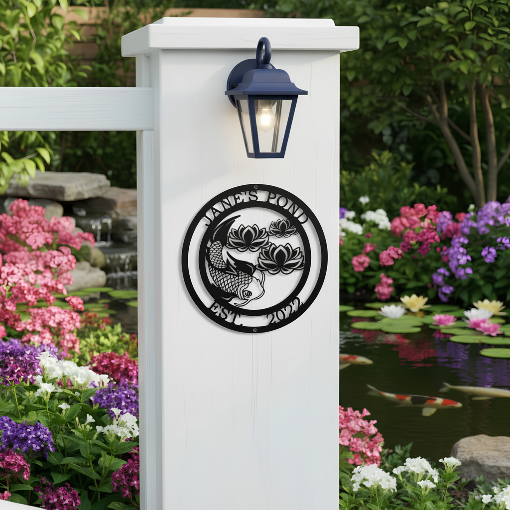 A black circular metal sign personalized for "Jane's Pond Est. 2022," displayed on a white outdoor pillar below a blue lantern light near a blooming flower garden and pond