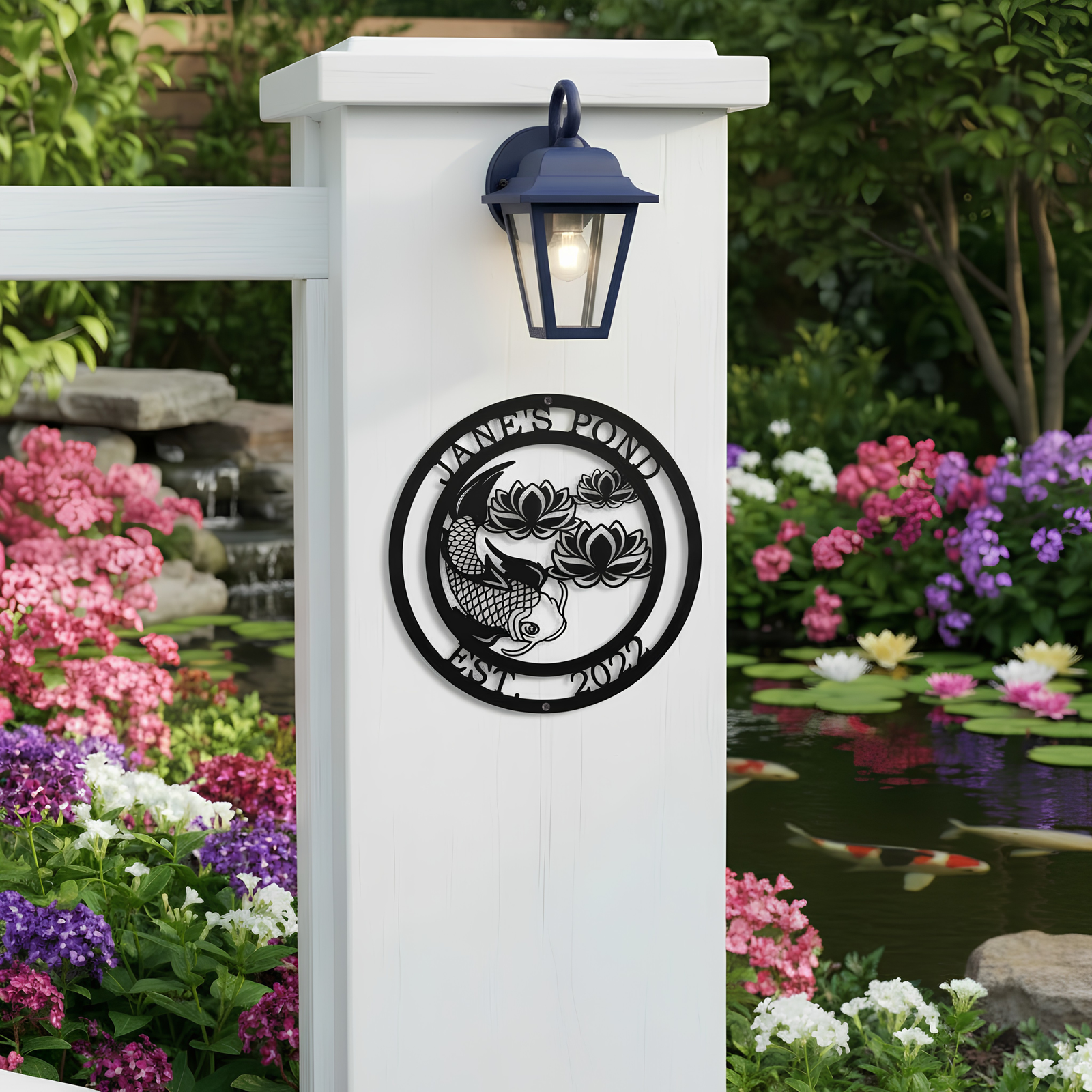 A black circular metal sign personalized for "Jane's Pond Est. 2022," displayed on a white outdoor pillar below a blue lantern light near a blooming flower garden and pond