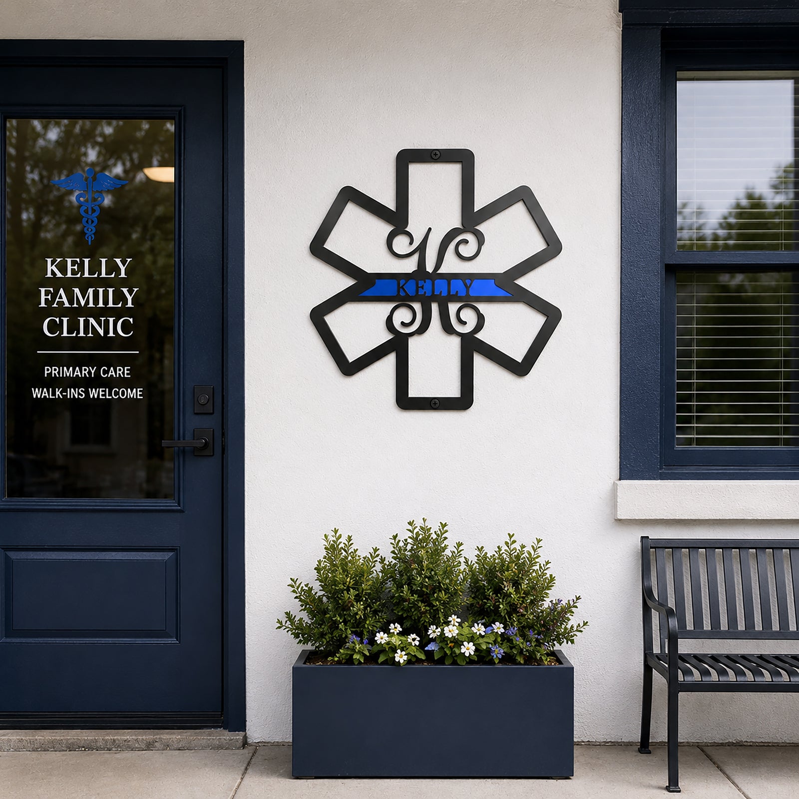Personalized EMS Star of Life metal sign displayed outside Kelly Family Clinic entrance