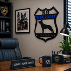 Personalized black and blue Police K9 badge metal sign displayed in law enforcement office with dog tribute decor