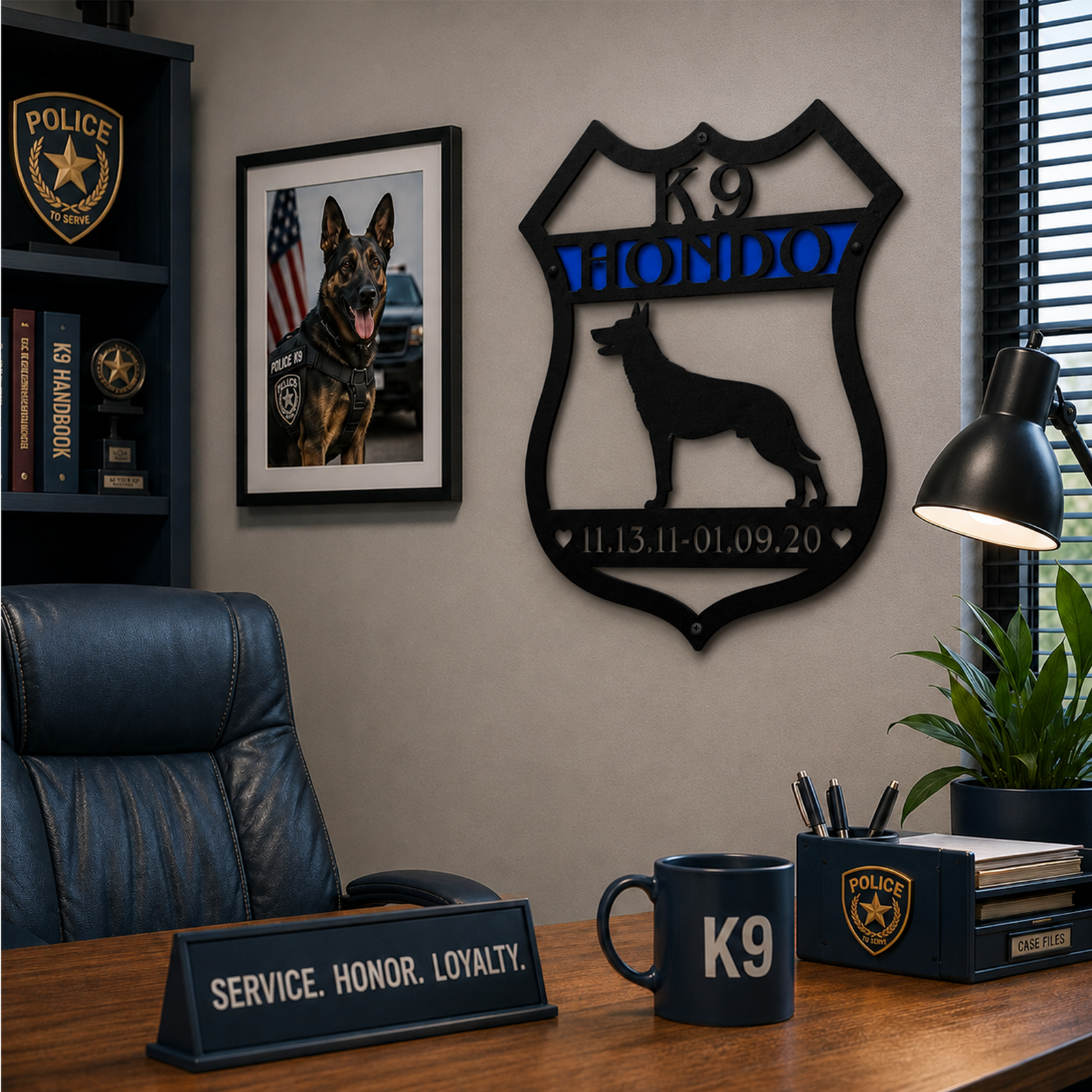 Personalized black and blue Police K9 badge metal sign displayed in law enforcement office with dog tribute decor
