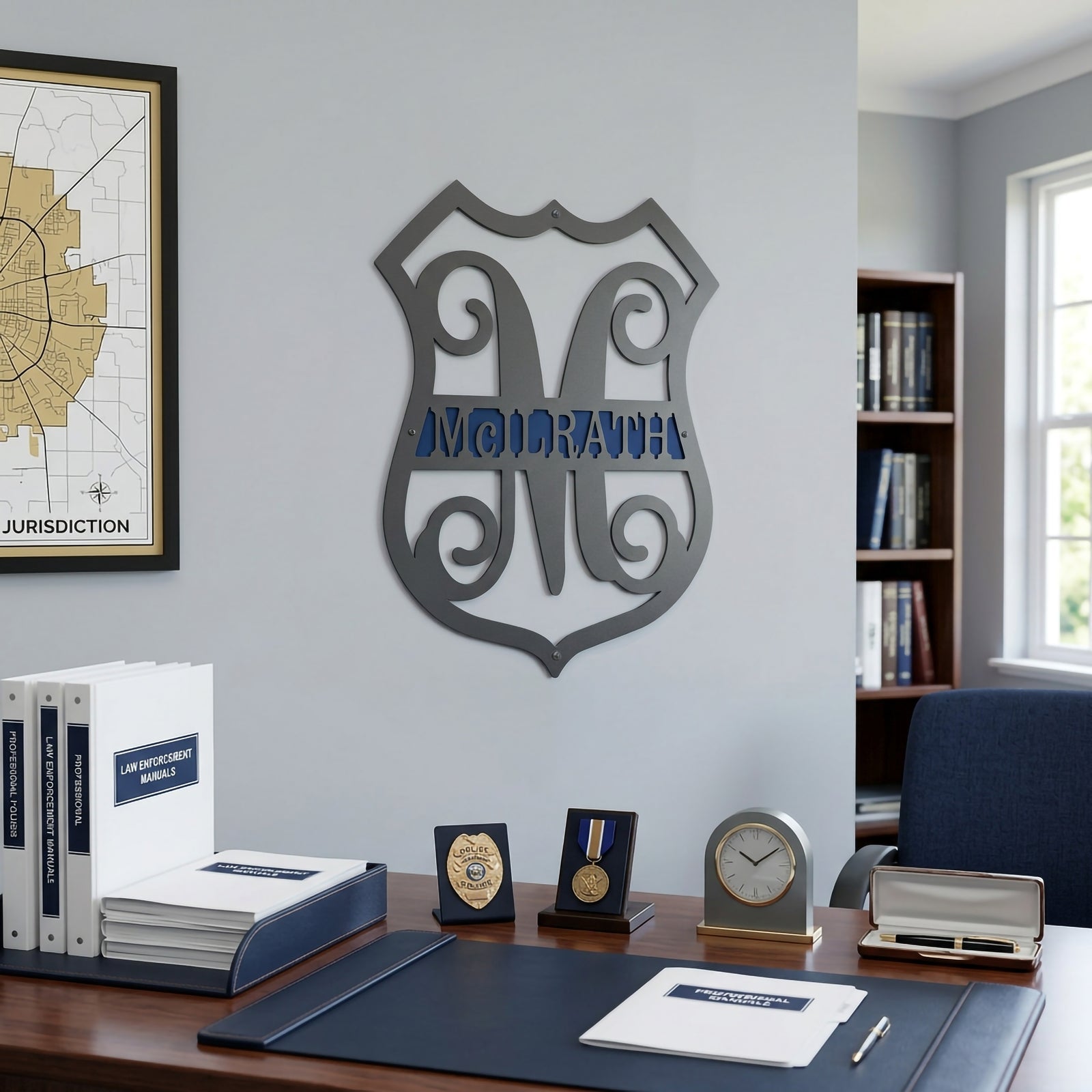 Personalized thin blue line metal monogram sign with McGrath name displayed in professional law enforcement office