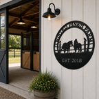 Black Twisted Pines Farm metal wall sign with horses and raven design displayed outside modern stable