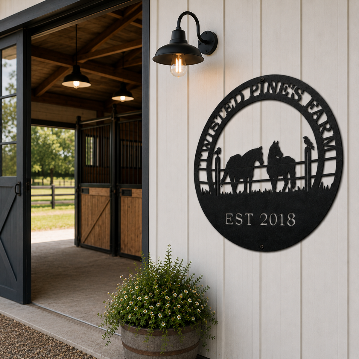 Black Twisted Pines Farm metal wall sign with horses and raven design displayed outside modern stable