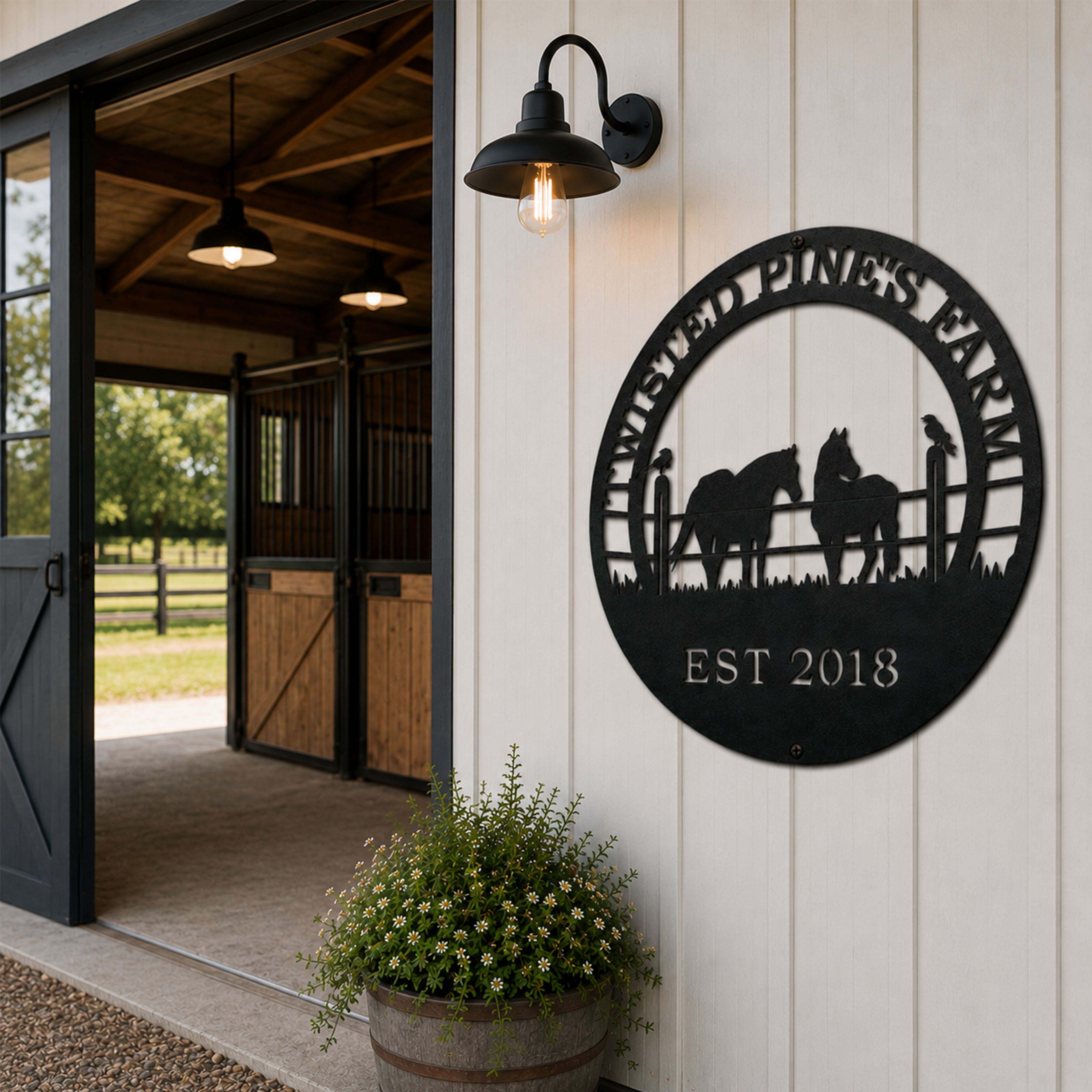 Black Twisted Pines Farm metal wall sign with horses and raven design displayed outside modern stable